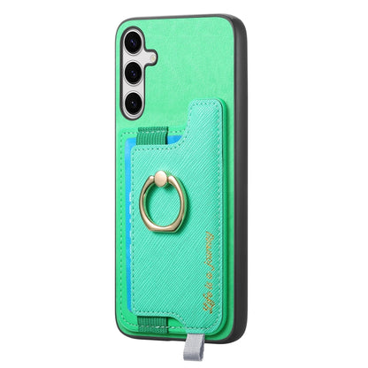 For Samsung Galaxy S25 5G Retro Cross Leather Ring Horizontal Insert Card Bag MagSafe Phone Case(Green) - Galaxy S25 5G Cases by buy2fix | Online Shopping UK | buy2fix