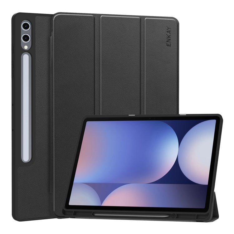 For Samsung Galaxy Tab S10 Ultra / S9 Ultra ENKAY Tri-fold Custer Texture TPU Leather Smart Tablet Case with Pen Slot(Black) - Galaxy Tab S9 Ultra Cases by ENKAY | Online Shopping UK | buy2fix