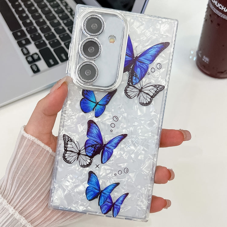 For Samsung Galaxy S25 5G Plating Texture Butterfly TPU Phone Case with Glitter Lens Film(Blue Butterflies HU3) - Galaxy S25 5G Cases by buy2fix | Online Shopping UK | buy2fix