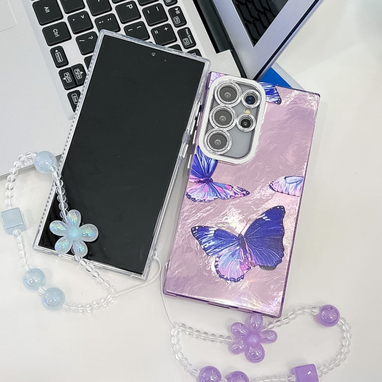 For Samsung Galaxy S25 5G Plating Texture Butterfly Wristband TPU Phone Case with Glitter Lens Film(Purple Butterflies HU4) - Galaxy S25 5G Cases by buy2fix | Online Shopping UK | buy2fix