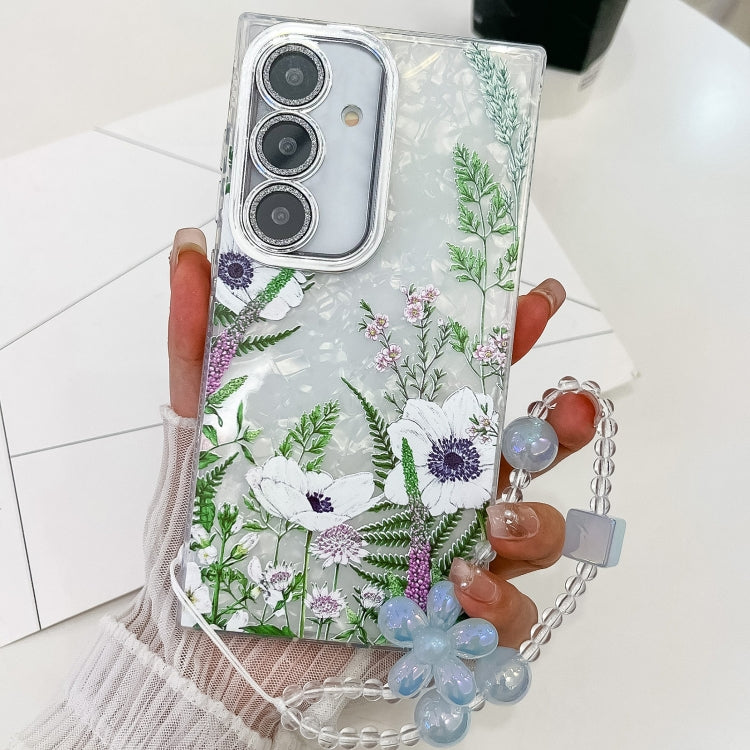 For Samsung Galaxy S25+ 5G Electroplating Flowers Plants Texture Wristband TPU Phone Case(Green Plants FL5) - Galaxy S25+ 5G Cases by buy2fix | Online Shopping UK | buy2fix