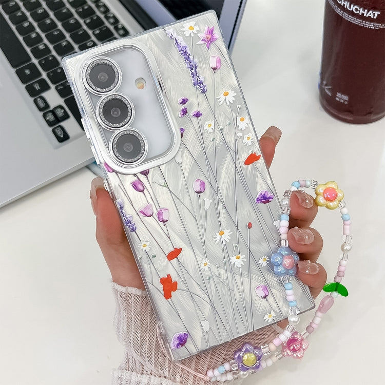 For Samsung Galaxy S25+ 5G Electroplating Flower Texture Wristband TPU Phone Case(Purple Wildflowers SH1) - Galaxy S25+ 5G Cases by buy2fix | Online Shopping UK | buy2fix