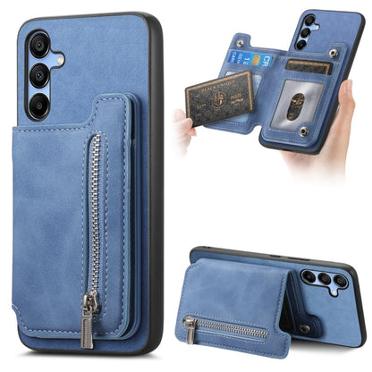 For Samsung Galaxy S25 5G Retro MagSafe Zipper Wallet Card Bag Back Phone Case(Blue) - Galaxy S25 5G Cases by buy2fix | Online Shopping UK | buy2fix