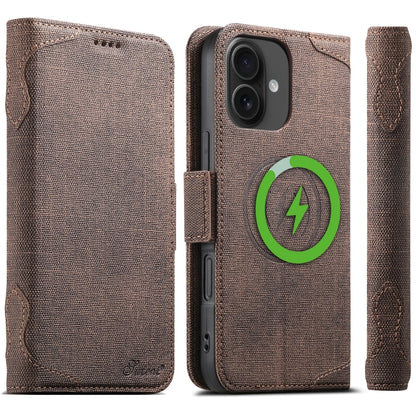 For iPhone 16 Suteni J07 Multi-functional Horizontal MagSafe Denim Leather Phone Case(Brown) - iPhone 16 Cases by Suteni | Online Shopping UK | buy2fix