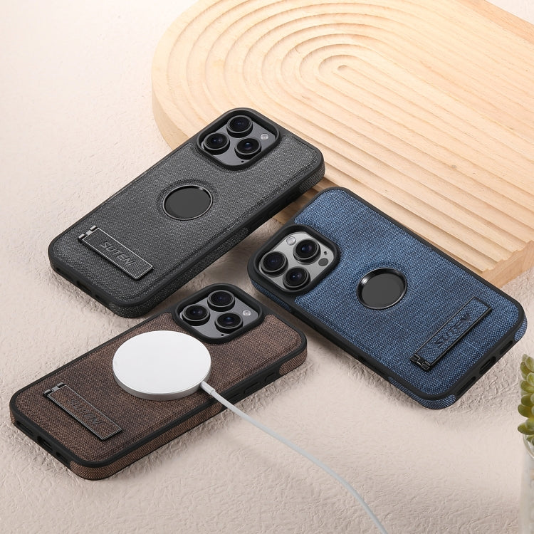 For iPhone 16 Suteni G2 Holder Denim Leather Back MagSafe Phone Case(Brown) - iPhone 16 Cases by Suteni | Online Shopping UK | buy2fix