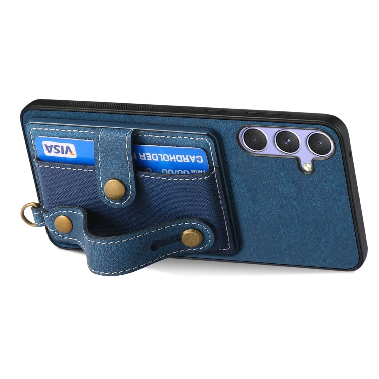 For Samsung Galaxy S25+ 5G Retro Cross Wristband Wallet Leather Back Phone Case(Blue) - Galaxy S25+ 5G Cases by buy2fix | Online Shopping UK | buy2fix