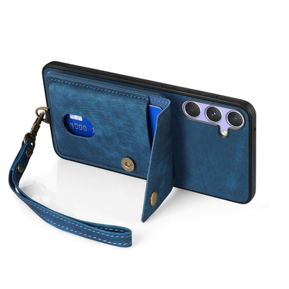 For Samsung Galaxy S25 5G Retro Card Wallet Fold Leather Phone Case with Strap(Blue) - Galaxy S25 5G Cases by buy2fix | Online Shopping UK | buy2fix