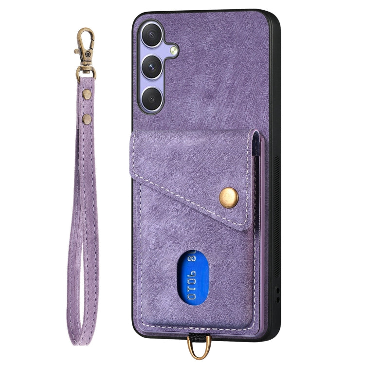 For Samsung Galaxy S25 5G Retro Card Wallet Fold Leather Phone Case with Strap(Purple) - Galaxy S25 5G Cases by buy2fix | Online Shopping UK | buy2fix