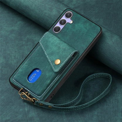 For Samsung Galaxy S25+ 5G Retro Card Wallet Fold Leather Phone Case with Strap(Green) - Galaxy S25+ 5G Cases by buy2fix | Online Shopping UK | buy2fix