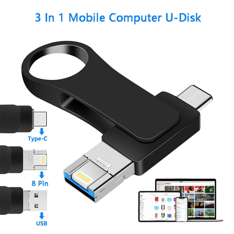 8GB USB 3.0 + 8 Pin + USB-C / Type-C 3 in 1 Mobile Computer Metal U-Disk(Black) - U Disk & Card Reader by buy2fix | Online Shopping UK | buy2fix