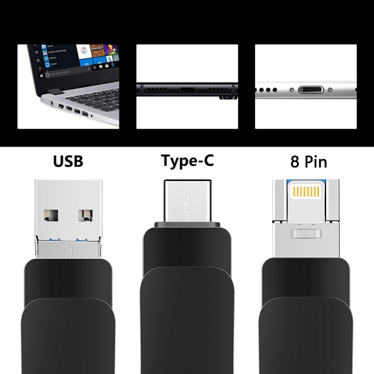 8GB USB 3.0 + 8 Pin + USB-C / Type-C 3 in 1 Mobile Computer Metal U-Disk(Black) - U Disk & Card Reader by buy2fix | Online Shopping UK | buy2fix