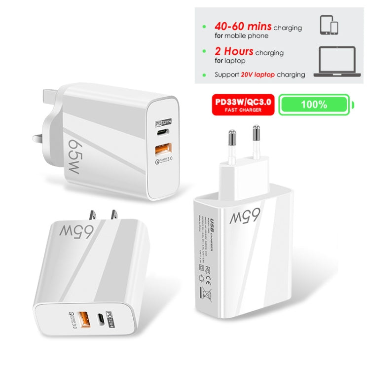 A502 65W USB-C/Type-C+USB Dual Port GaN Charger QC3.0 Laptop Universal Charger UK Plug White - USB Charger by buy2fix | Online Shopping UK | buy2fix