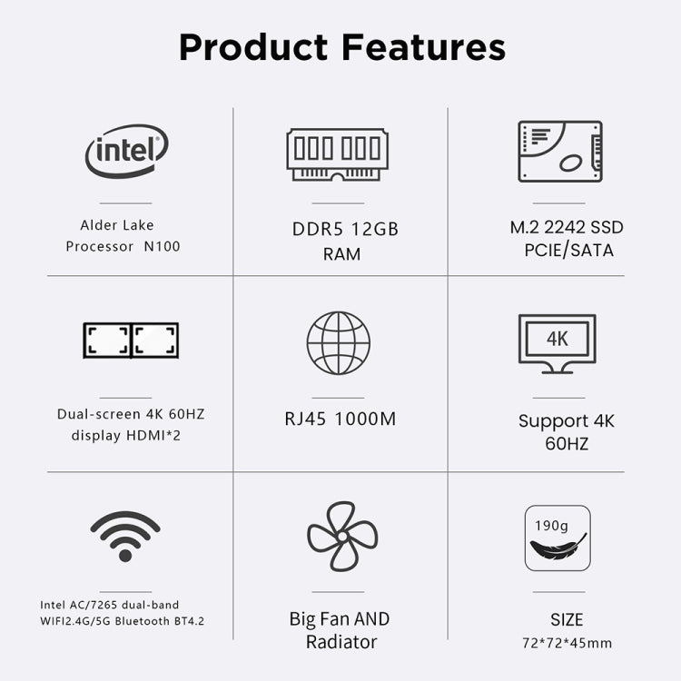 N100/DDR5 12th AlderLake-N100 Dual 4K60Hz Office And Home Mini PC, Spec: 12G+512G / EU Plug - Windows Mini PCs by buy2fix | Online Shopping UK | buy2fix