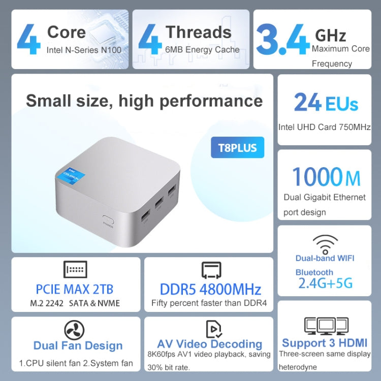 T8Plus Alder Lake-N100 4K Dual Band WIFI Bluetooth Office Game Portable Mini PC, Spec: 8G 128G US Plug - Windows Mini PCs by buy2fix | Online Shopping UK | buy2fix