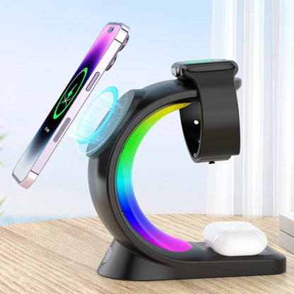 T17 3-in-1 RGB Atmosphere Light MagSafe Phone Watch Earphone Wireless Charger, Color: Black with  AU Plug - Wireless Charger by buy2fix | Online Shopping UK | buy2fix