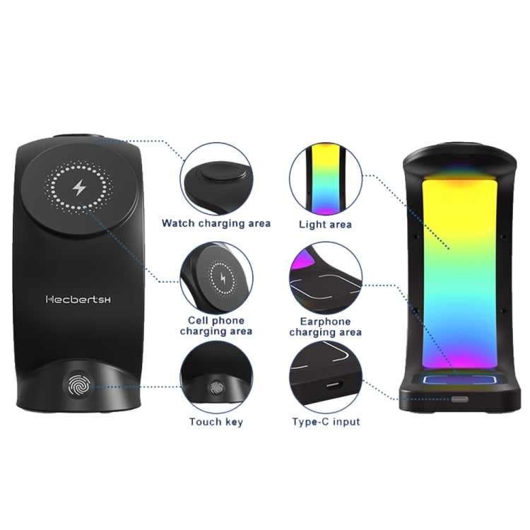 T17 3-in-1 RGB Atmosphere Light MagSafe Phone Watch Earphone Wireless Charger, Color: Black with US Plug - Wireless Charger by buy2fix | Online Shopping UK | buy2fix