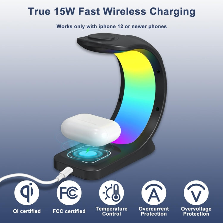 T17 3-in-1 RGB Atmosphere Light MagSafe Phone Watch Earphone Wireless Charger, Color: Black with  UK Plug - Wireless Charger by buy2fix | Online Shopping UK | buy2fix