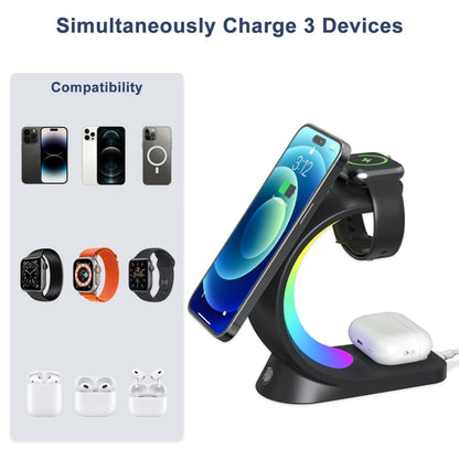 T17 3-in-1 RGB Atmosphere Light MagSafe Phone Watch Earphone Wireless Charger, Color: Black with US Plug - Wireless Charger by buy2fix | Online Shopping UK | buy2fix