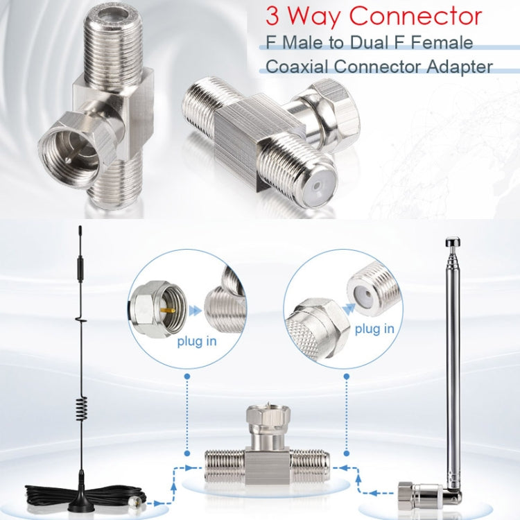 F Type Splitter 3 Way Connector F Male To Dual F Female Coaxial Connector Adapter - Connectors by buy2fix | Online Shopping UK | buy2fix