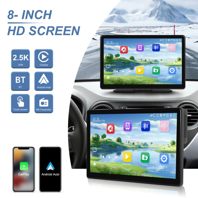 8-Inch HD Wireless CarPlay Screen DVR With Dash Cam/1080p Front Rear Camera/Bluetooth/AirPlay - Car Monitor by buy2fix | Online Shopping UK | buy2fix