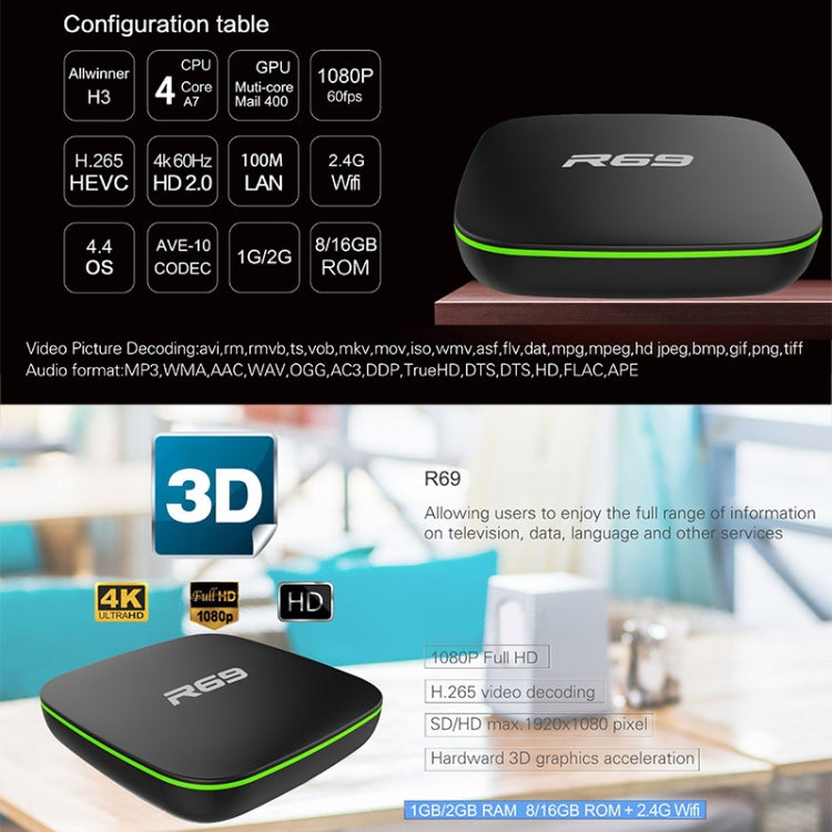 R69 1080P HD Smart TV BOX Android 4.4 Media Player wtih Remote Control, Quad Core Allwinner H3, RAM: 2GB, ROM: 16GB, 2.4G WiFi, LAN, US Plug - Allwinner H3 by buy2fix | Online Shopping UK | buy2fix