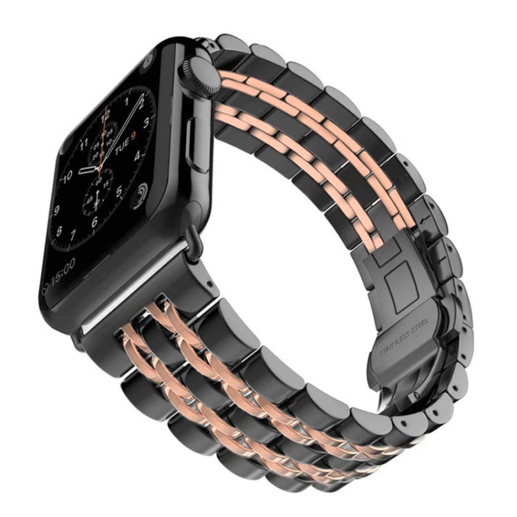 22mm Men Hidden Butterfly Buckle 7 Beads Stainless Steel Watch Band For Apple Watch 38mm(Black+Rose gold) - Watch Bands by buy2fix | Online Shopping UK | buy2fix