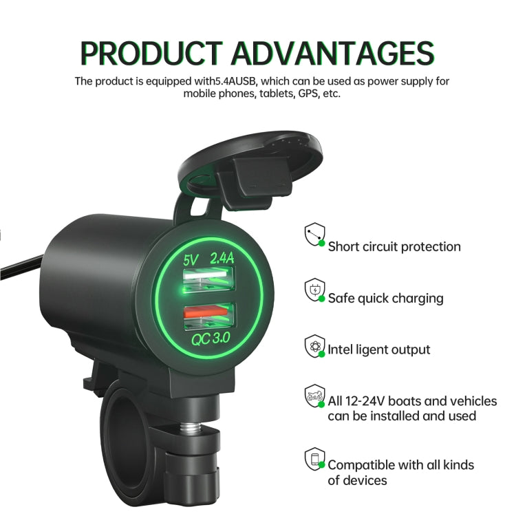 ZH-723F3 Car / Motorcycle QC3.0 Cell Phone Fast Charging Dual USB Car Charger(Green Light) - In Car by buy2fix | Online Shopping UK | buy2fix