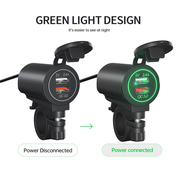 ZH-723F3 Car / Motorcycle QC3.0 Cell Phone Fast Charging Dual USB Car Charger(Green Light) - In Car by buy2fix | Online Shopping UK | buy2fix