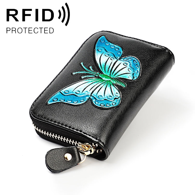 KB152 Butterfly Pattern Zipper Cowhide Leather Organ Shape Multiple Card Slots Anti-magnetic RFID Wallet for Ladies(Blue) - Antimagnetic RFID Package by buy2fix | Online Shopping UK | buy2fix