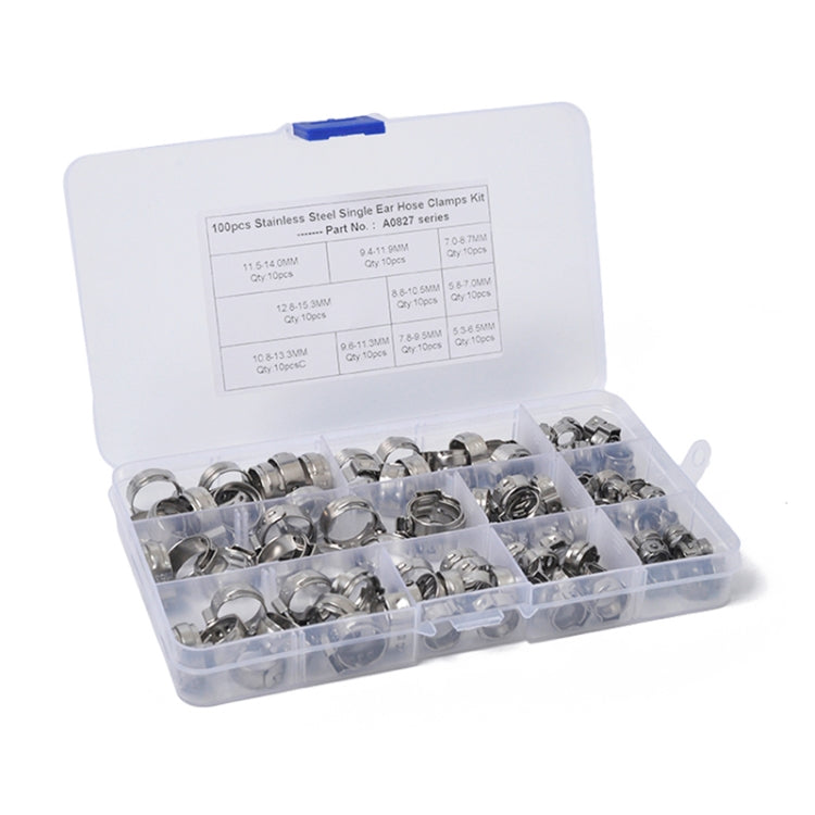 100 PCS Adjustable Single Ear Plus Stainless Steel Hydraulic Hose Clamps O-Clips Pipe Fuel Air, Inside Diameter Range: 5.3-15.3mm - In Car by buy2fix | Online Shopping UK | buy2fix