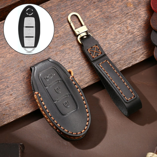 Hallmo Car Cowhide Leather Key Protective Cover Key Case for Nissan Sylphy 3-button Tail Box(Black) - Car Key Cases by Hallmo | Online Shopping UK | buy2fix