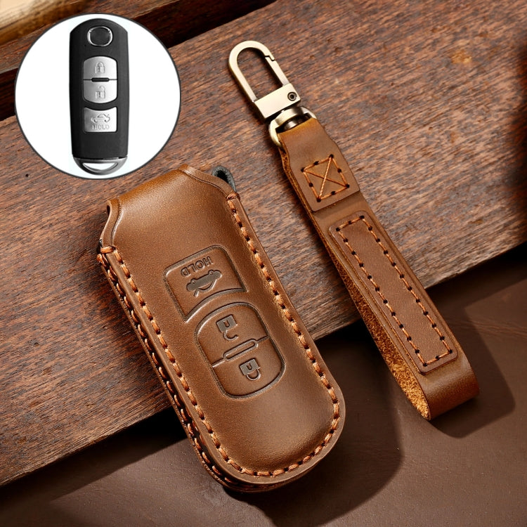 Hallmo Car Cowhide Leather Key Protective Cover Key Case for Mazda Axela 3-button(Brown) - Car Key Cases by Hallmo | Online Shopping UK | buy2fix