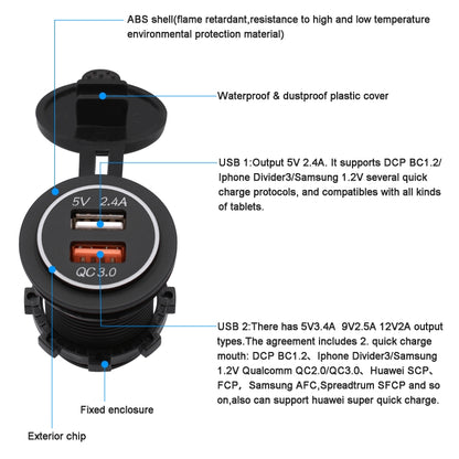 Universal Car QC3.0 Dual Port USB Charger Power Outlet Adapter 5V 2.4A IP66 with 60cm Cable(Red Light) - In Car by buy2fix | Online Shopping UK | buy2fix