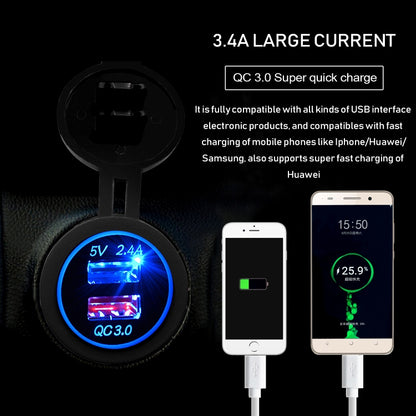 Universal Car QC3.0 Dual Port USB Charger Power Outlet Adapter 5V 2.4A IP66 with 60cm Cable(Red Light) - In Car by buy2fix | Online Shopping UK | buy2fix