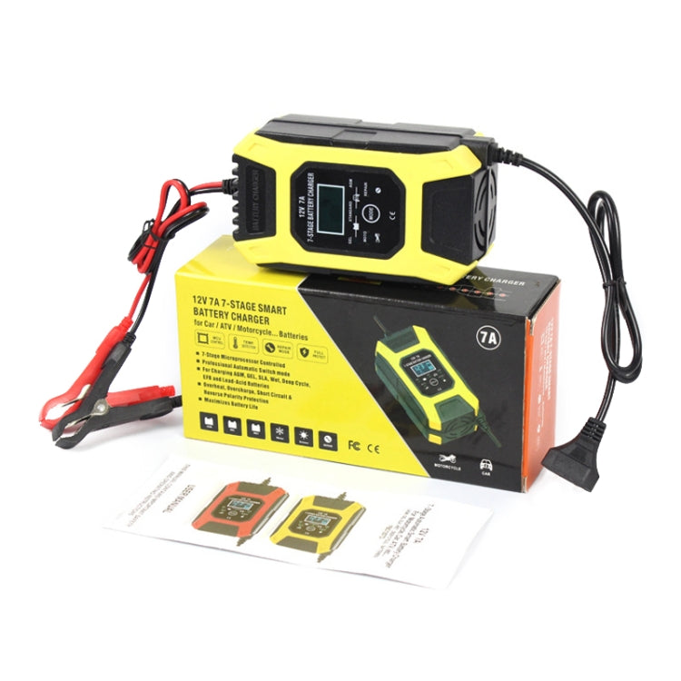 FOXSUR Car / Motorcycle Repair Charger 12V 7A 7-stage + Multi-battery Mode Lead-acid Battery Charger, Plug Type:UK Plug(Yellow) - In Car by FOXSUR | Online Shopping UK | buy2fix