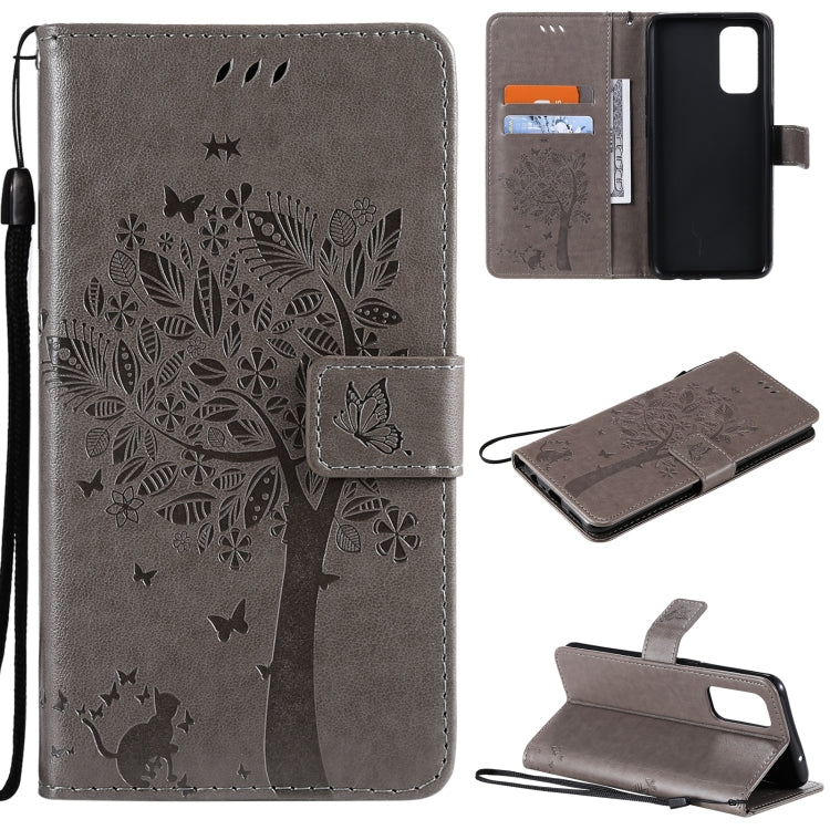 For OPPO Reno5 5G Tree & Cat Pattern Pressed Printing Horizontal Flip PU Leather Case with Holder & Card Slots & Wallet & Lanyard(Gray) - OPPO & vivo Accessories by buy2fix | Online Shopping UK | buy2fix