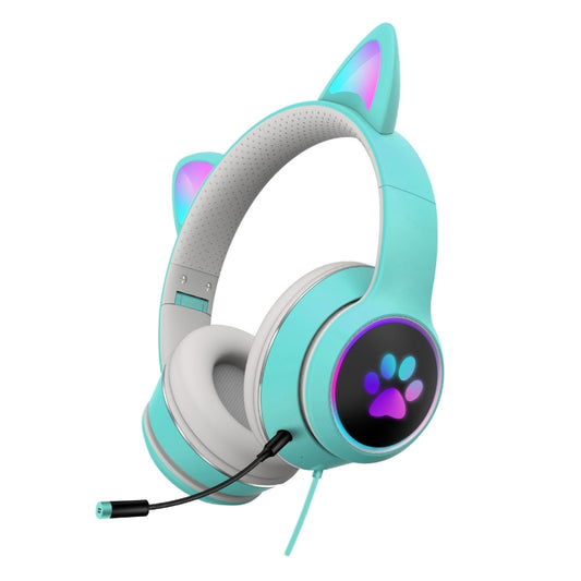 AKZ-022 USB + 3.5mm Port Cat Ear Design Foldable LED Headset with Mic(Light Blue) - Multimedia Headset by buy2fix | Online Shopping UK | buy2fix