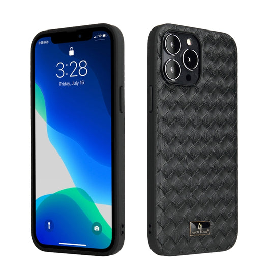 For iPhone 13 Pro Max Fierre Shann Leather Texture Phone Back Cover Case (Woven Black) - iPhone 13 Pro Max Cases by FIERRE SHANN | Online Shopping UK | buy2fix