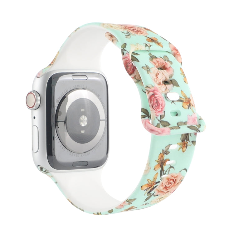 8-buckle Printed Strap Watch Band For Apple Watch Series 8&7 41mm / SE 2&6&SE&5&4 40mm / 3&2&1 38mm(Green Background Rose) - Smart Wear by buy2fix | Online Shopping UK | buy2fix