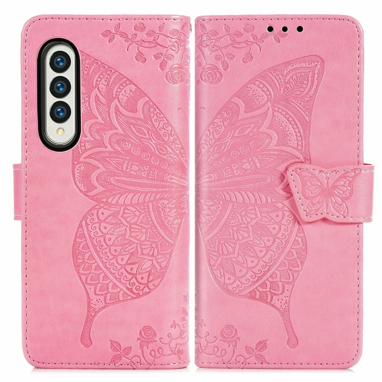 For Samsung Galaxy Z Fold3 5G Butterfly Love Flowers Embossed Horizontal Flip Leather Case with Holder & Card Slots & Wallet & Lanyard(Pink) - Samsung Accessories by buy2fix | Online Shopping UK | buy2fix