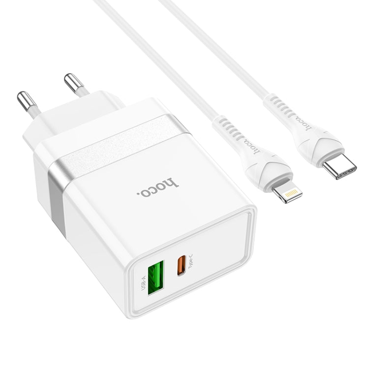 hoco N21 PD 30W Type-C / USB-C + QC 3.0 USB Mini Fast Charger with Type-C / USB-C to 8 Pin Data Cable , EU Plug(White) - Apple Accessories by hoco | Online Shopping UK | buy2fix