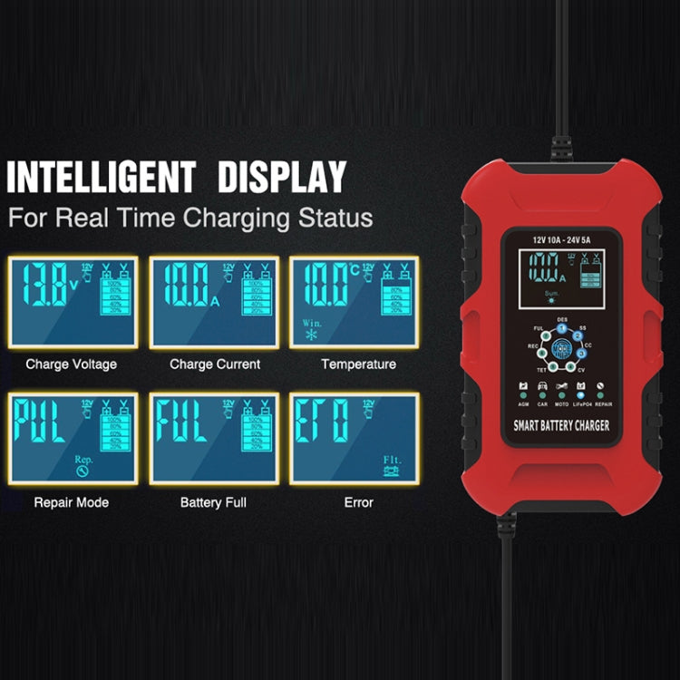 FOXSUR 10A 12V 7-segment Motorcycle / Car Smart Battery Charger, Plug Type:UK Plug(Red) - In Car by FOXSUR | Online Shopping UK | buy2fix