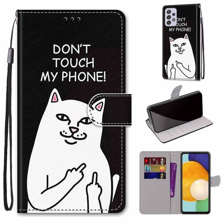 For Samsung Galaxy A33 5G Coloured Drawing Cross Texture Horizontal Flip PU Phone Leather Case with Holder & Card Slots & Wallet & Lanyard(Colorful Layer(Middle Finger White Cat) - Samsung Accessories by buy2fix | Online Shopping UK | buy2fix