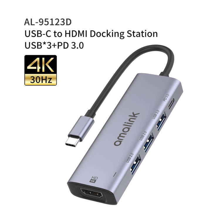 amalink 95123D Type-C / USB-C to HDMI + 3 Ports USB + PD 3.0 Multi-function HUB(Grey) - USB HUB by amalink | Online Shopping UK | buy2fix