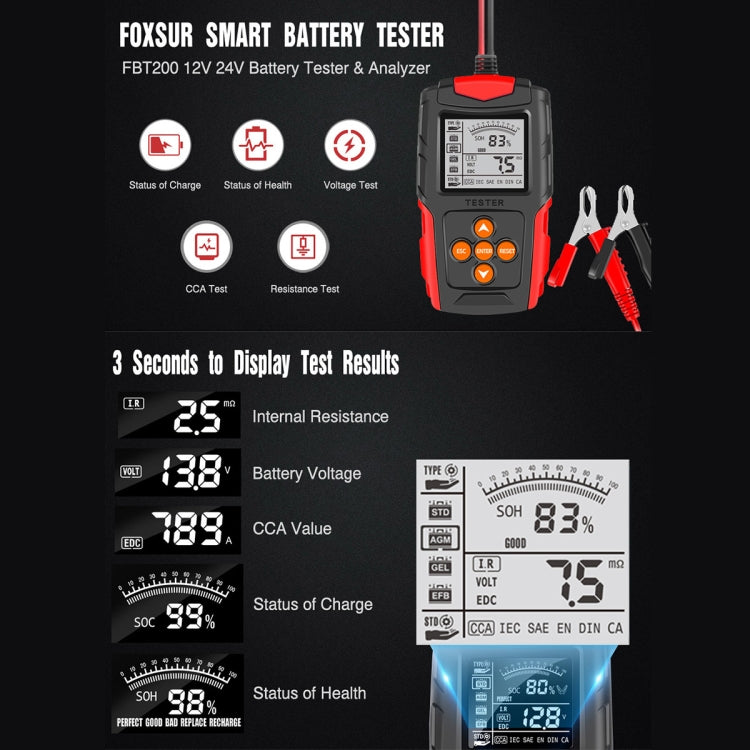 FOXSUR FBT200 12V / 24V Car Battery Tester (Red) - In Car by FOXSUR | Online Shopping UK | buy2fix