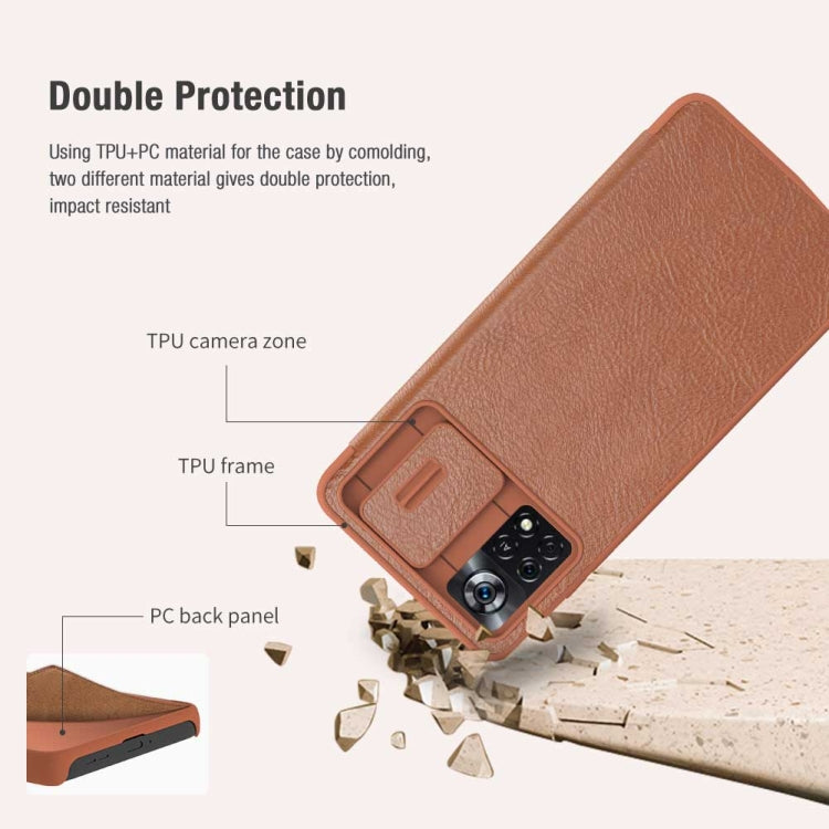 For Xiaomi Poco X4 Pro 5G NILLKIN QIN Series Pro Sliding Camera Cover Leather Phone Case(Brown) - Xiaomi Cases by NILLKIN | Online Shopping UK | buy2fix