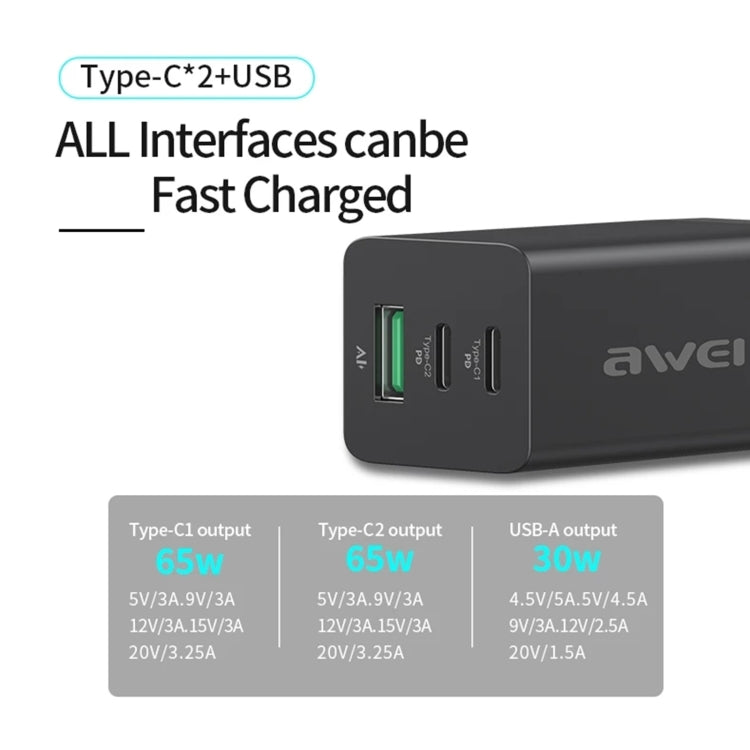 awei PD9 65W Dual Type-C / USB-C + USB GaN Fast Charging Travel Charger, EU Plug(White) - USB Charger by awei | Online Shopping UK | buy2fix