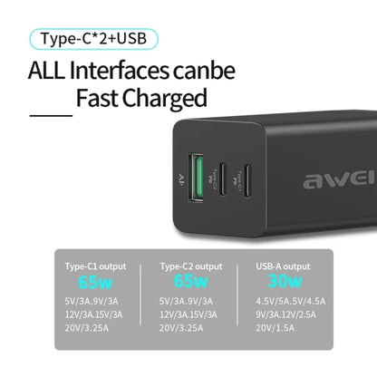 awei PD9 65W Dual Type-C / USB-C + USB GaN Fast Charging Travel Charger, EU Plug(White) - USB Charger by awei | Online Shopping UK | buy2fix