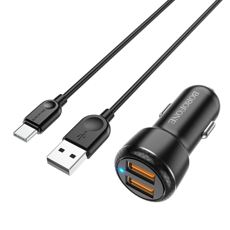 Borofone BZ17 Dual USB Ports QC3.0 Car Charger with Type-C / USB-C Charging Cable(Black) - Car Charger by Borofone | Online Shopping UK | buy2fix