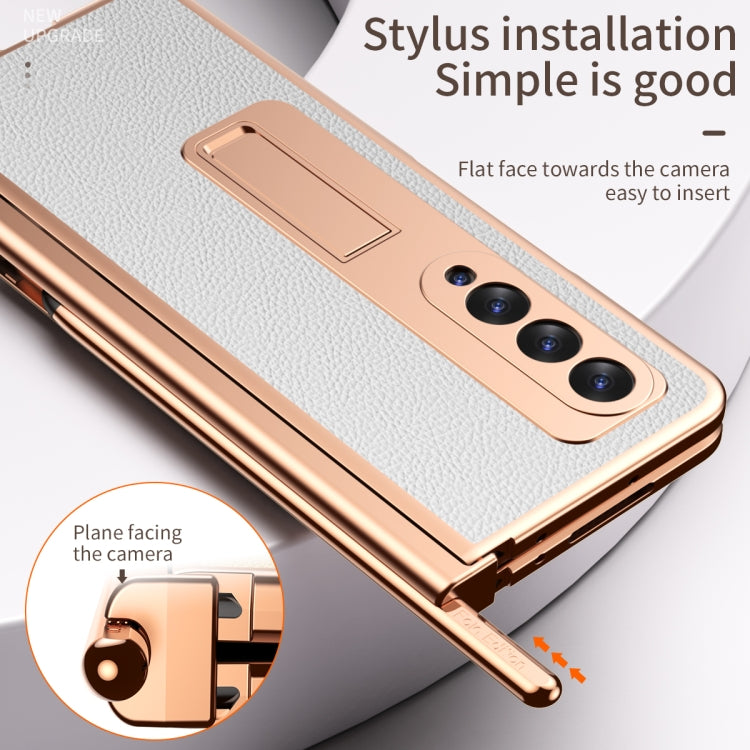 For Samsung Galaxy Z Fold3 5G Litchi Texture Leather Hinged Electroplated Phone Case with S Pen Fold Edition & Protective Film(White) - Galaxy Phone Cases by buy2fix | Online Shopping UK | buy2fix